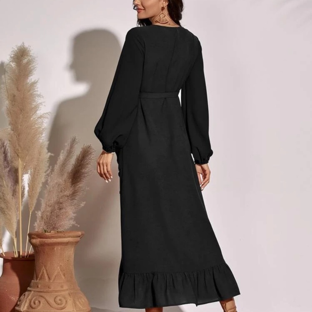 Boho ruffle v neck long sleeve midi wrap dress - Picture 2 of 7